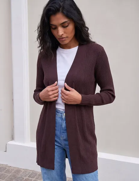 Roman Ribbed Knitted Edge to Edge Cardigan Chocolate