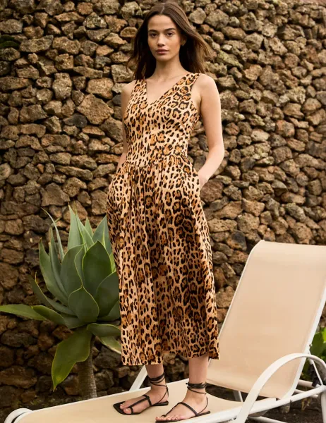 RO&ZO Cotton Rich Leopard Print Midi Waisted Dress Brown Mix