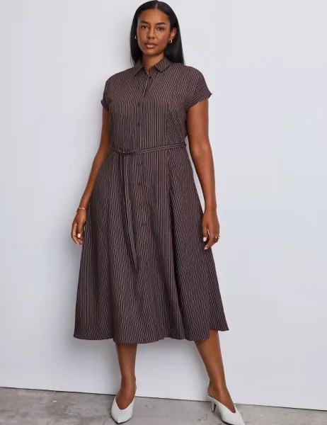 Live Unlimited London Striped Tie Waist Midaxi Shirt Dress Brown Mix