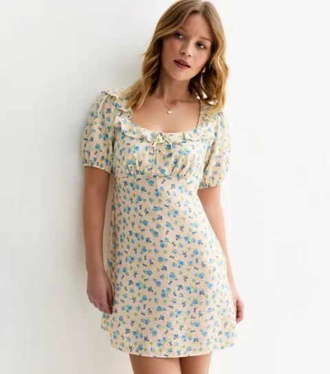 Women's Cream Ditsy Floral Square Neck Mini Dresss