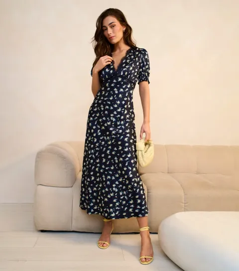 Women's Navy Floral Midi Dress