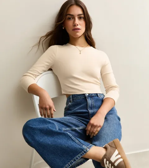 Women's Petite Cream Crew Neck Long Sleeve Top
