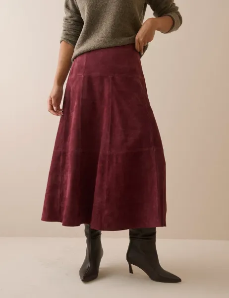 Nobody's Child Suede Seam Detail Midi A-Line Skirt Dark Purple