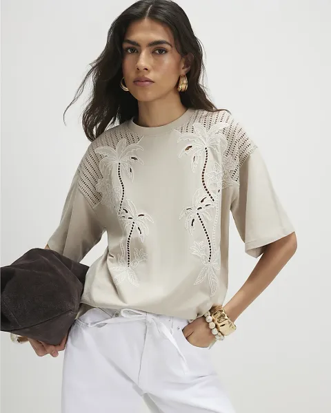 River Island Cotton Blend Palm Broderie T-Shirt