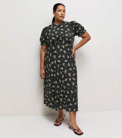 Women's Plus Size Black Crepe Floral Print Short Sleeve Midi Dress Curves