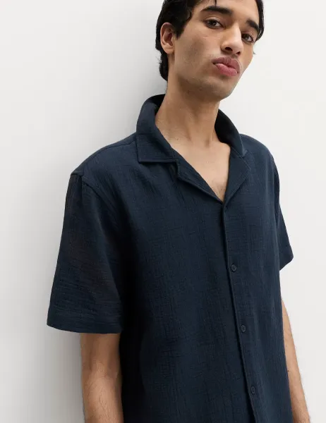 Marks & Spencer Pure Cotton Textured Shirt Navy