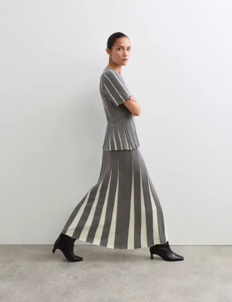 Jaeger Merino Wool Rich V-Neck Pleated Knitted Top Medium Grey Mix