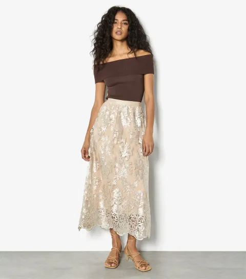 Women's Stone Embroidered Mesh Scallop Skirt