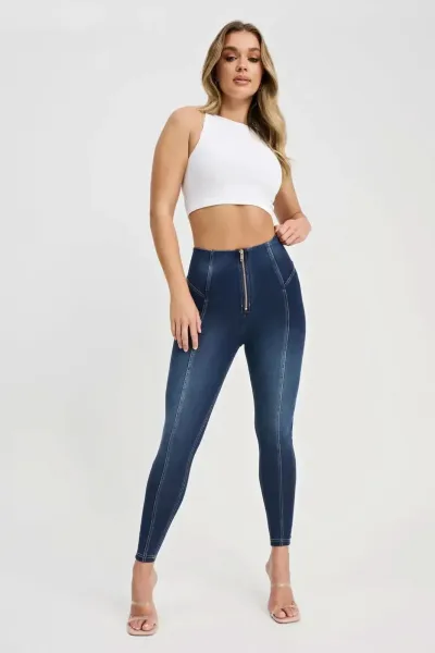 Freddy WRUP Denim with Feature Seam - High Waisted - 7/8 Length - Dark Blue + Beige Stitching