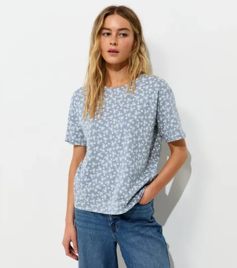 Women's Blue Cotton Floral Print Easy T-Shirt
