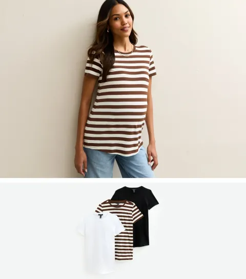 Women's Maternity Pack Of 3 Brown Stripe White and Black Relaxed T-Shirts