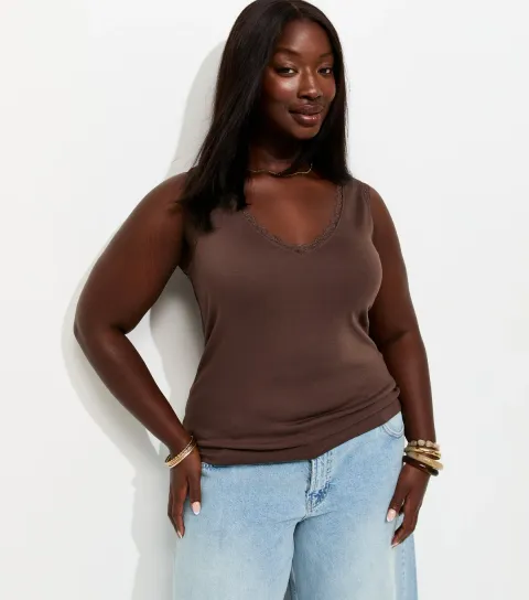 Women's Plus Size Dark Brown Lace Trim Vest Top Curves