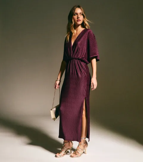 Women's Dark Purple Plisse Batwing Midaxi Dress
