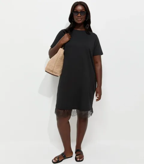 Women's Plus Size Black Cotton Rich Lace Trim T Shirt Mini Dress Curves