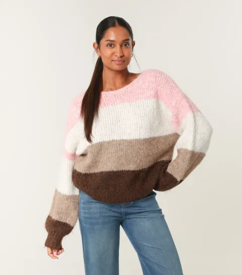 Women's Pink Striped Slash Neck Knit Jumper