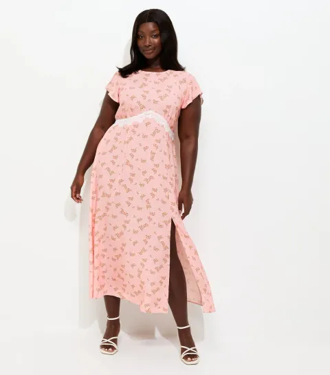 New Look Women's Plus Size Pink Floral Print Lace Trim Midi Dress Curves