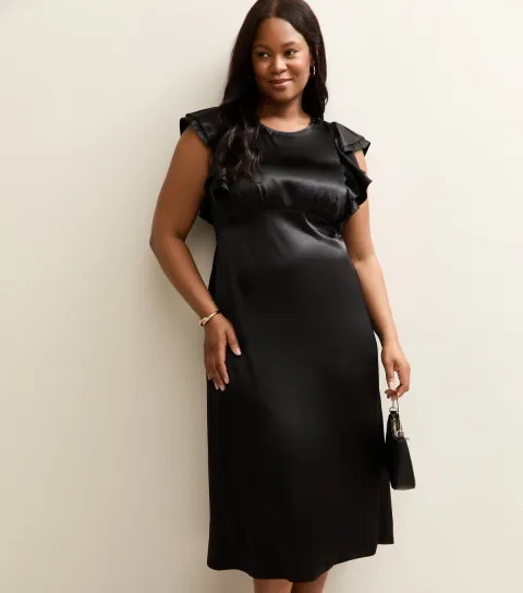 Women's Plus Size Black Satin Ruffled Sleeve Midi Dress Curves