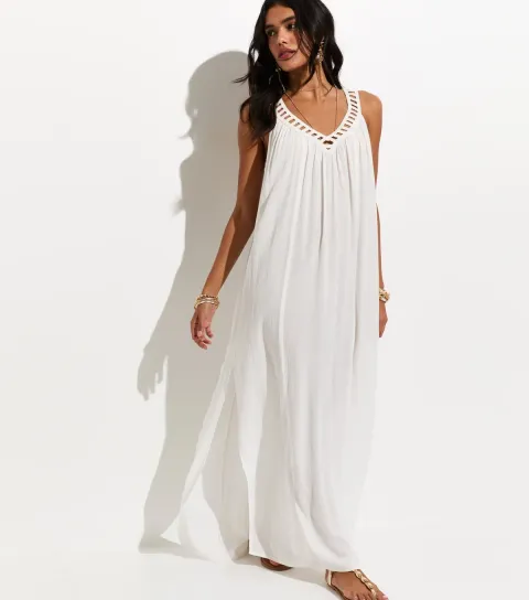 Women's White Crochet Trim V-Neck Beach Maxi Dress