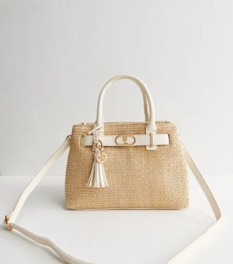 Stone Raffia Look Triple Compartment Top Handle Bag