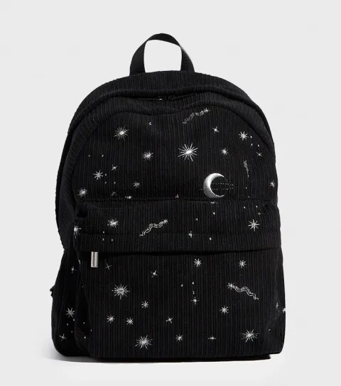 Black Celestial Embroidered Corduroy Backpack