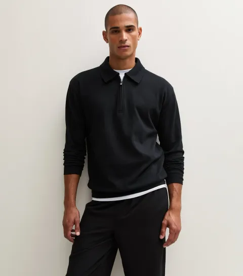 New Look Men's Black Cotton Rich Textured Relaxed Quarter Zip Polo Sweatshirt