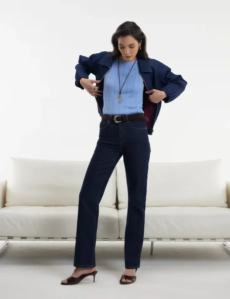 River Island High Waisted Belted Straight Leg Jeans Dark Blue Denim