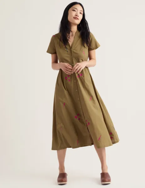 Seasalt Cornwall Pure Cotton Floral V-Neck Midi Shirt Dress Green Mix