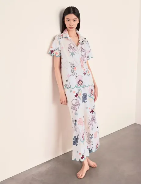 Chelsea Peers Bohemian Leopard Pure Cotton Ikat Print Scallop Pyjama Set Light Cream