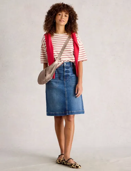 White Stuff Cotton Rich Denim Knee Length Skirt Denim