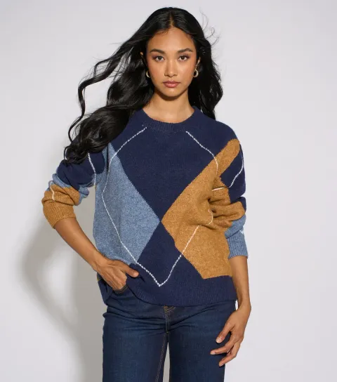 Gini London Women's Navy Argyle Long Sleeve Jumper