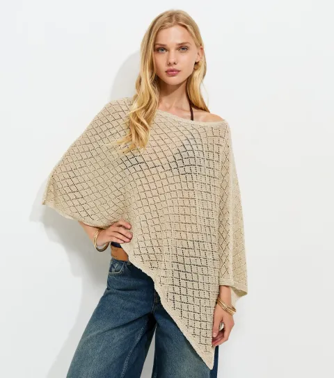Women's Gold Cotton Blend Diamond Knit Poncho