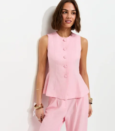 New Look Women's Light Pink Linen Rich Button Through Peplum Waistcoat