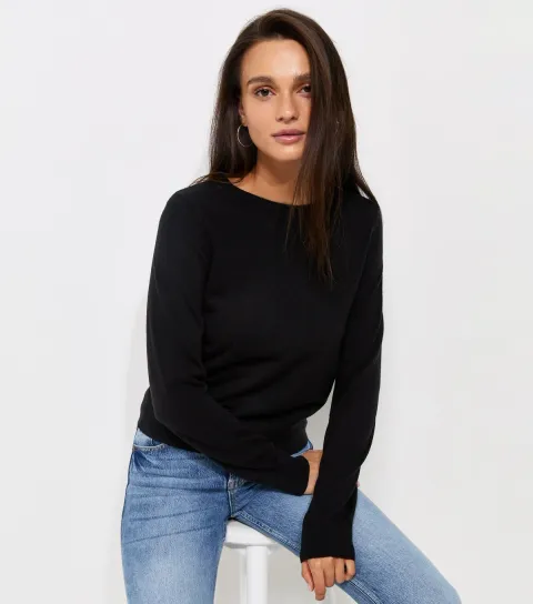 Women's Black Knitted Round Neck Jumper