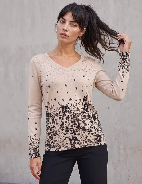Roman Floral Embellished V-Neck Jumper Light Brown