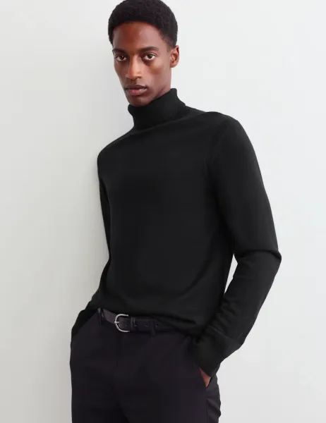 Jaeger Merino Wool Rich Roll Neck Jumper with Silk Black