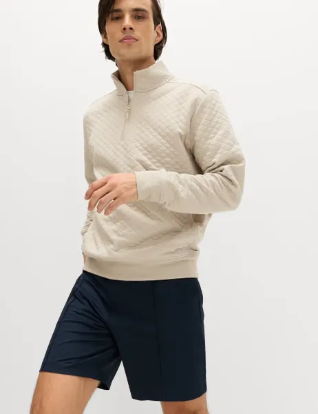 Goodmove Cotton Blend Quilted Funnel Neck Sweatshirt Medium Beige