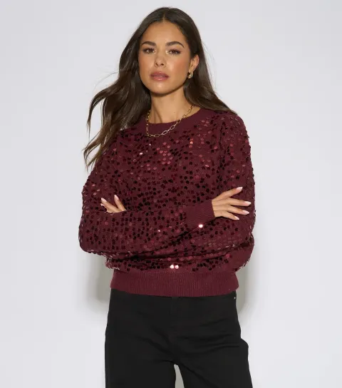 Gini London Women's Dark Red Sequin Long Sleeve Jumper