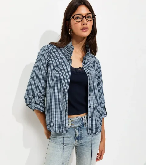 Women's Navy Check Cropped Sleeve Funnel Neck Shirt