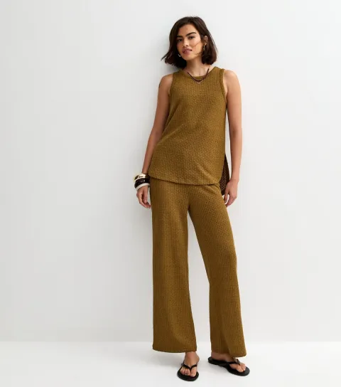 Women's Khaki Brown Textured Wide Leg Trousers