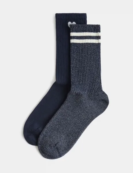 Marks & Spencer 2 Pack Cotton Rich Sparkle Patterned Crew Socks Navy Mix