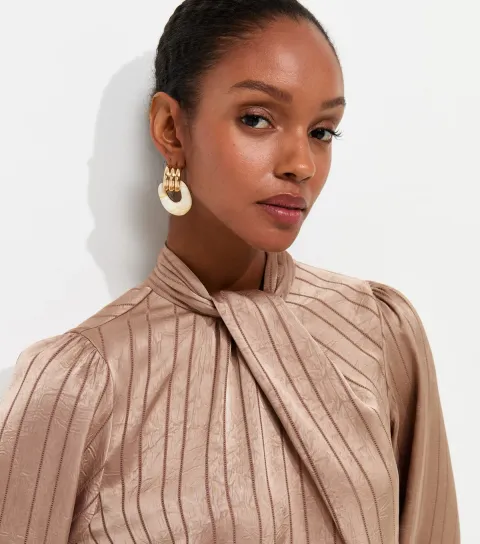 Women's Camel Satin Twist Neck Striped Blouse