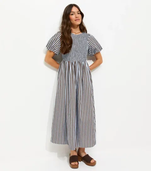 Women's Petite Blue Striped Shirred Bust Puff Sleeve Midi Dress