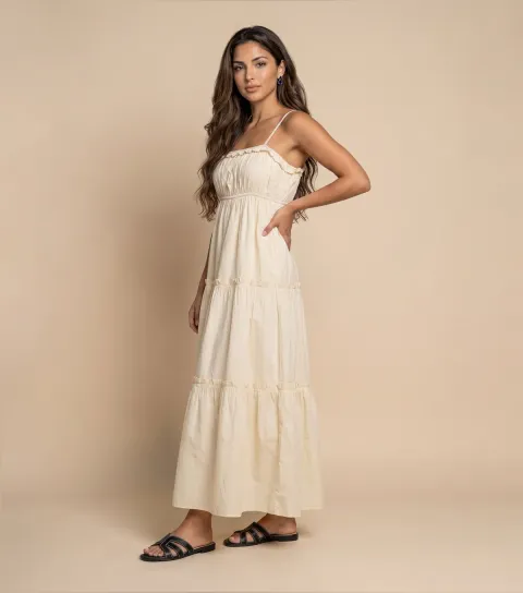Women's Cream Cotton Ruched Tiered Maxi Dress
