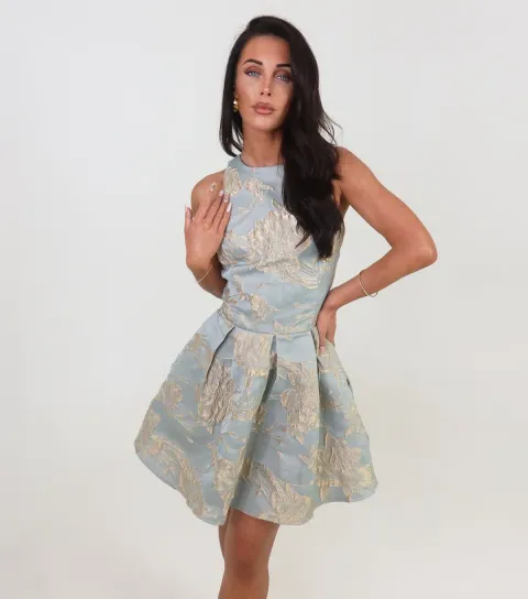 Women's Mint Green Jacquard Sleeveless Mini Dress