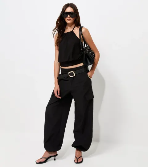 Women's Black Fitted Waistband Bubble Hem Halter Neck Cami Top