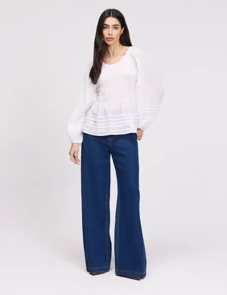 Finery London Pure Cotton Shirred Blouson Sleeve Top White