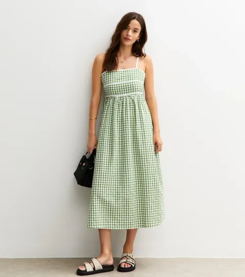 Women's Green Gingham Check Strappy Midi Dress