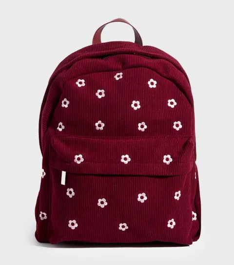 Burgundy Floral Embroidered Corduroy Backpack