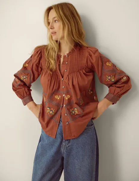 Monsoon Pure Cotton Embroidered Pintuck Blouse Beige