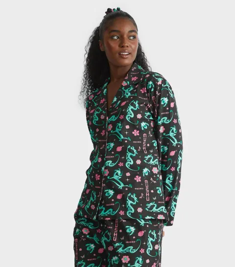 Women's Black Mushu Print Shirt and Trousers Pyjama Set